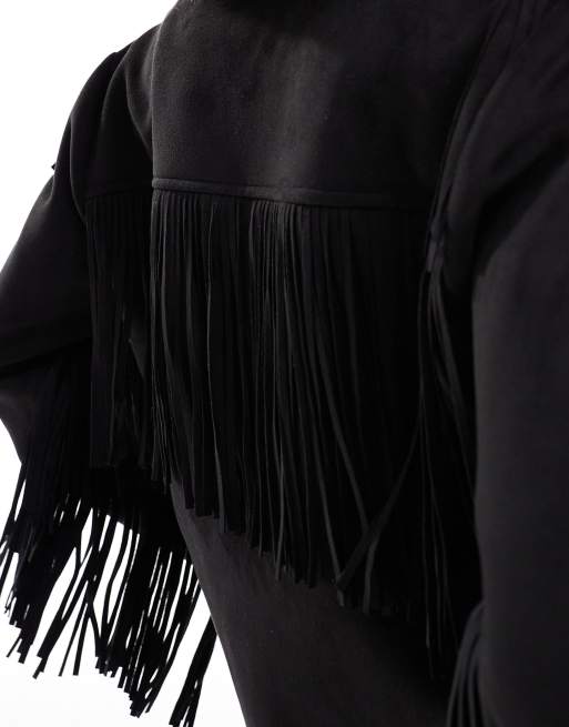 New Look fringe collarless suedette jacket in black, 3 of 4
