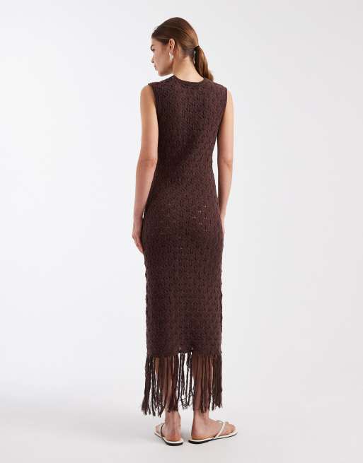 New Look fringe hem maxi dress in brown, 3 of 4
