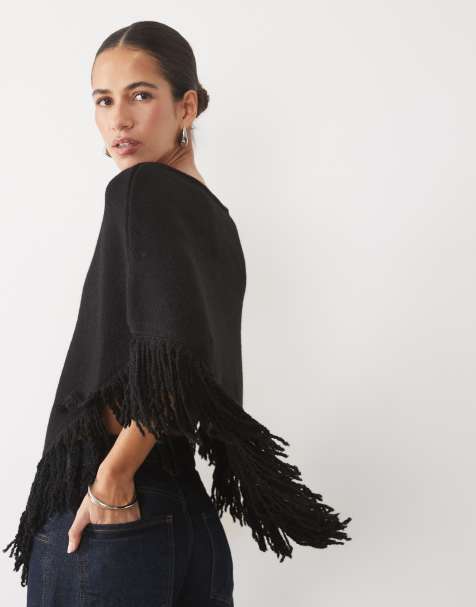 New Look fringed knitted poncho in black - view 1