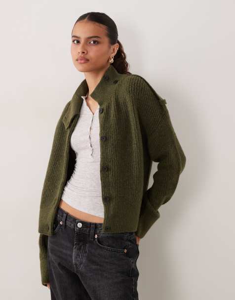 New Look funnel neck cardigan in dark khaki - view 1