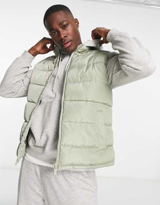 New Look funnel neck puffer gilet in light khaki | ASOS