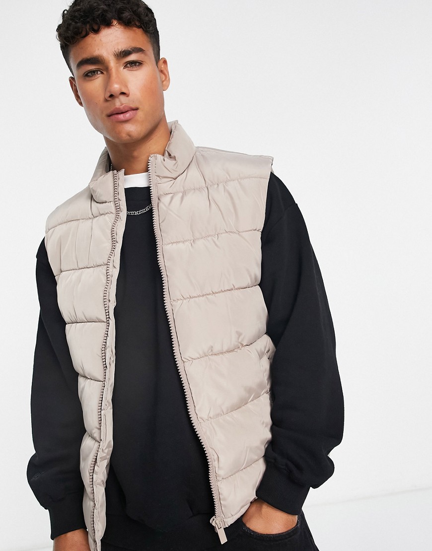 New Look funnel neck puffer gilet in stone-Neutral
