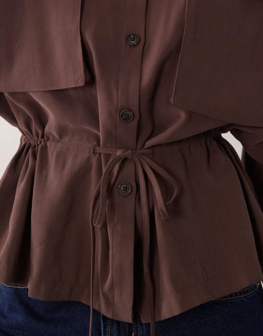 New Look funnel neck shacket with cinch waist co-ord in brown, 3 of 4