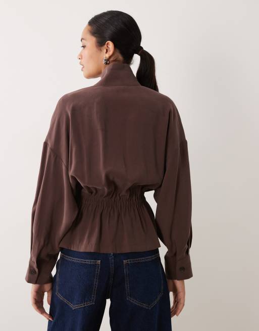 New Look funnel neck shacket with cinch waist co-ord in brown, 4 of 4