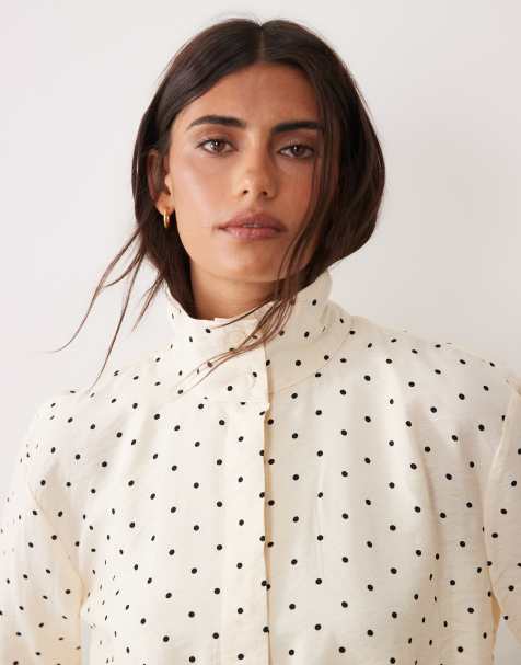 New Look funnel neck windbreaker-style shirt in cream polka dot - view 1