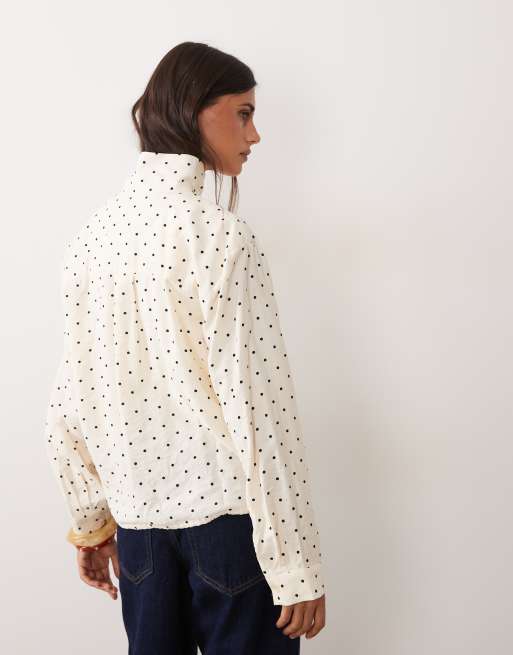 New Look funnel neck windbreaker-style shirt in cream polka dot, 4 of 4