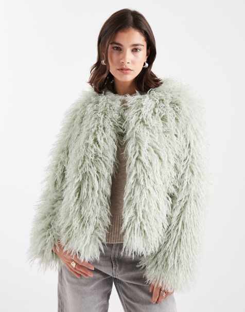 New Look fur coat in light green - view 1