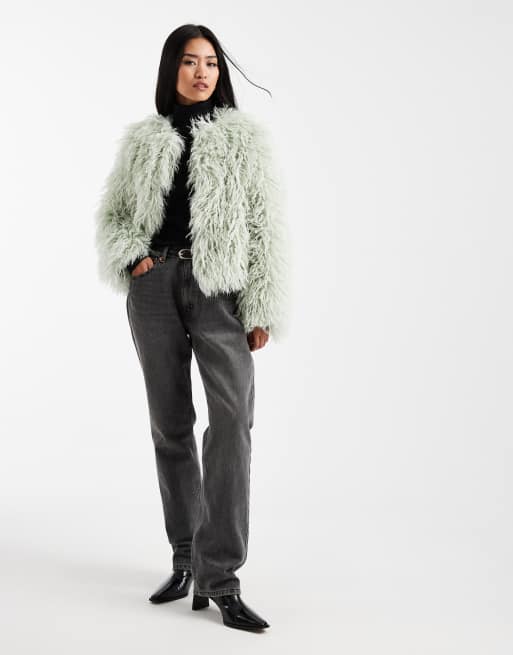 New Look fur coat in light green, 3 of 4