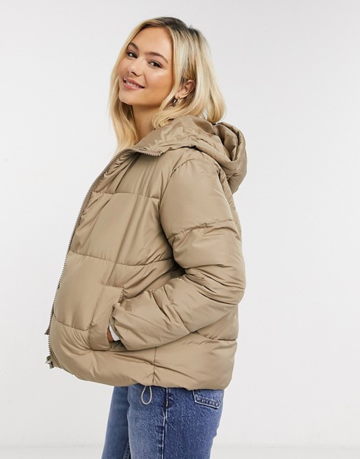 New Look hooded boxy puffer in camel