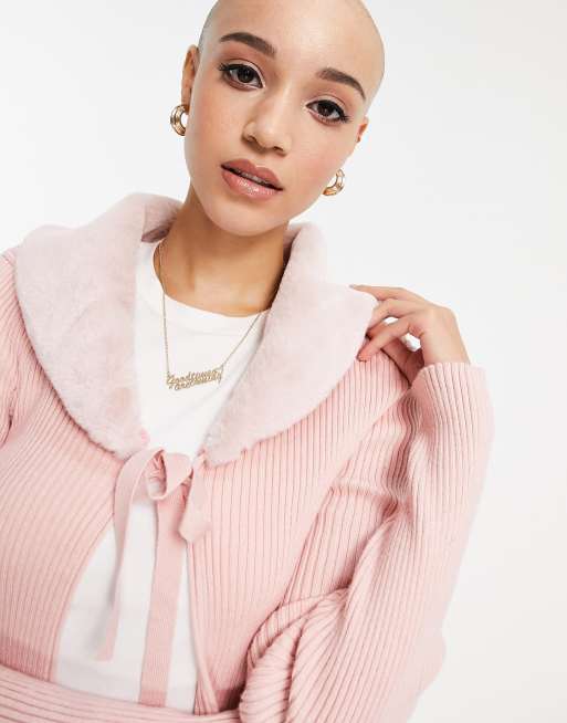 The Frolic Faux Fur Trim Cardigan in Pink Heather