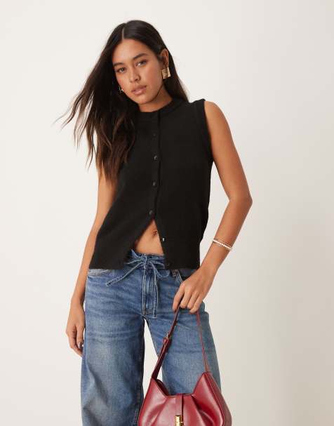 New Look - Gebreid hemdje met knoopsluiting in zwart - view 1