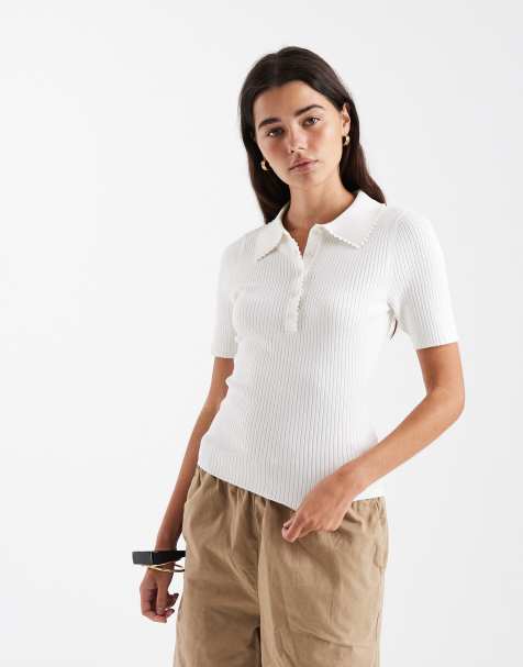 New Look - Gebreid poloshirt met korte mouwen in crème - view 1
