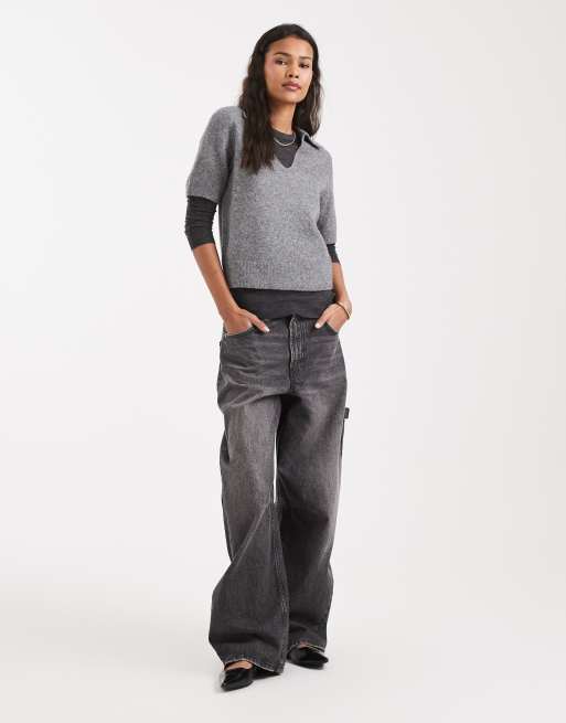 New Look - Gebreid T-shirt met kraagje in grijs, 2 van 4