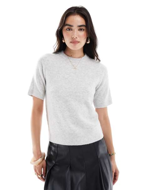 New Look - Gebreid T-shirt met pofmouwen in lichtgrijs - view 1