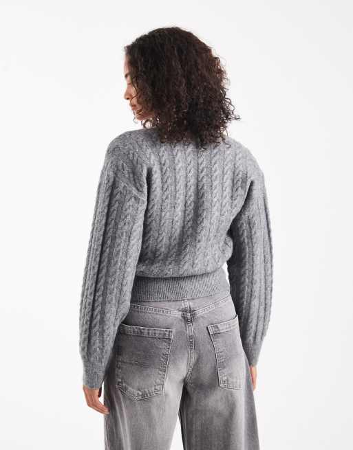 New Look - Gebreid vest met kabels en overslag in middengrijs, 4 van 4