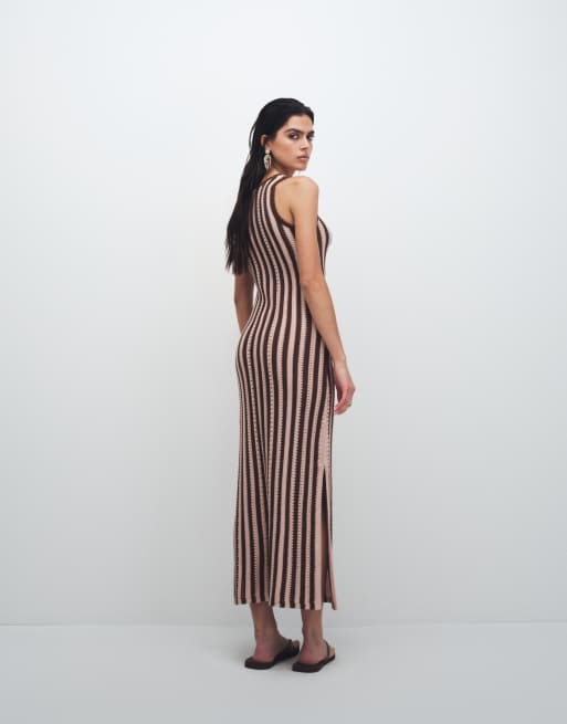 New Look - Gebreide gestreepte maxi jurk in roze en bruin, 2 van 7