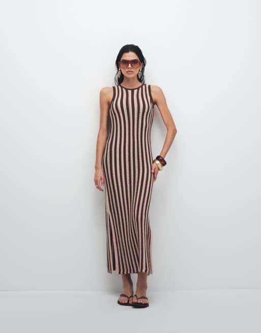 New Look - Gebreide gestreepte maxi jurk in roze en bruin, 3 van 7