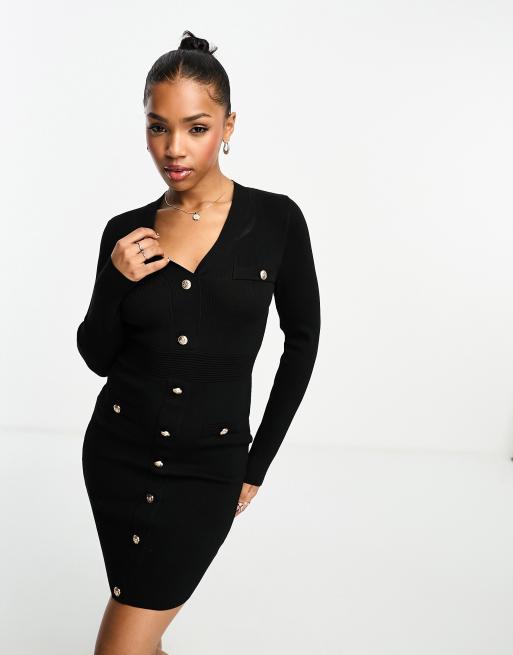 New Look - Gebreide jurk met knoopdetail in zwart