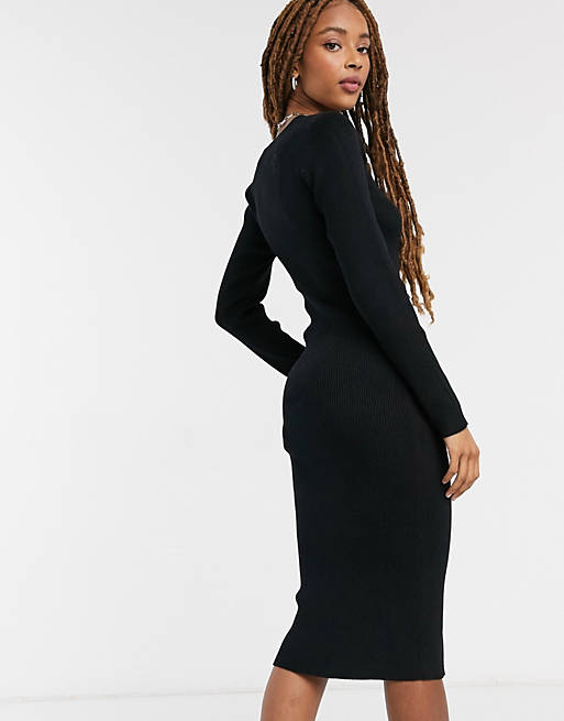 heks Vertrek naar Zwijgend New Look - Gebreide jurk met vierkante hals in zwart | ASOS
