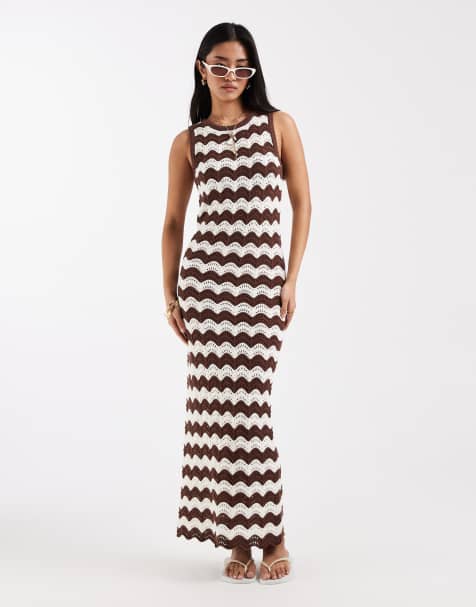 New Look - Gebreide maxi jurk met golvende strepen in bruin - view 1