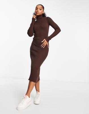 New Look - Gebreide midi jurk met col in donkerbruin