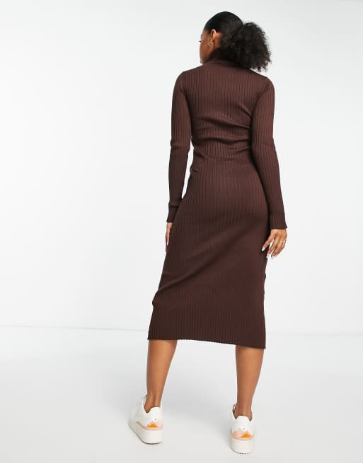 New Look - Gebreide midi jurk met col in donkerbruin, 2 van 4