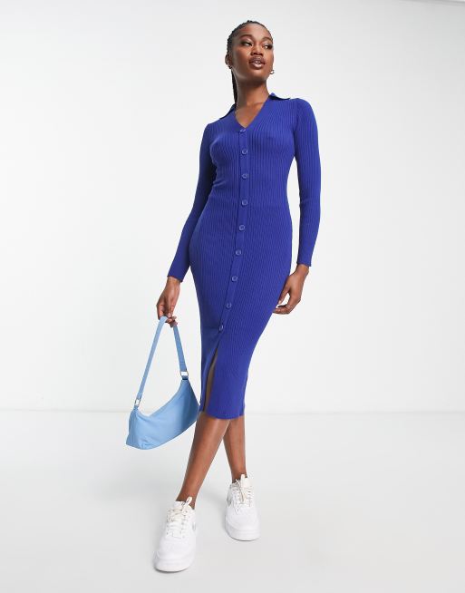 New Look - Gebreide midi-jurk met knoopjes aan de voorkant en polokraagje in blauw