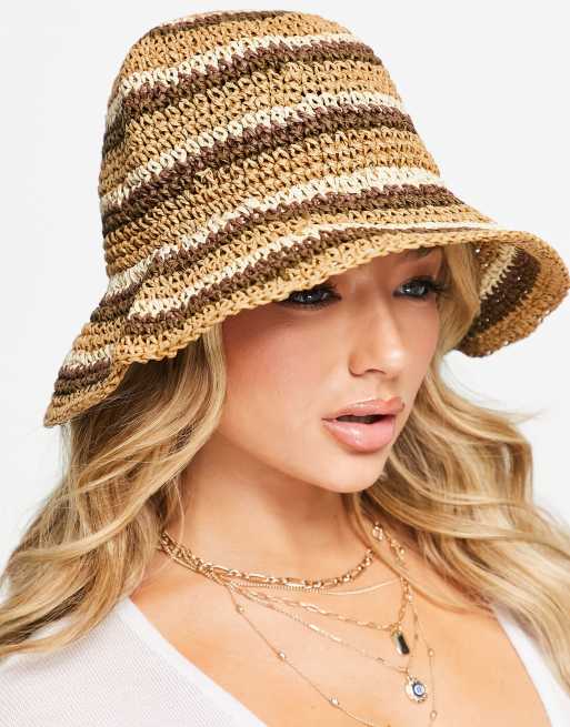 New Look - Gehaakte bucket hat in lichtbruin met bruin, 4 van 4