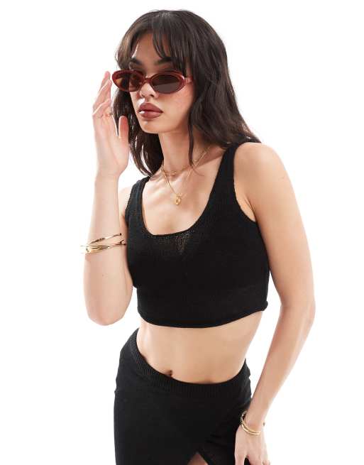 New Look - Gehaakte crop top in zwart 