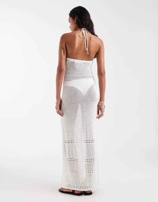 New Look - Gehaakte maxi jurk met halternek in crème, 2 van 4