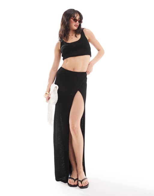New Look - Gehaakte maxi rok met overslag in zwart 