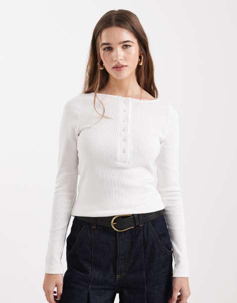 New Look - Gehaakte top met knoopsluiting en lange mouwen in wit - view 1