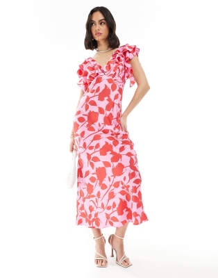 New Look - Gemustertes Satin-Midikleid in Rosa mit Rüschen