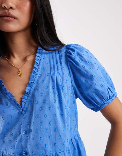 New Look – Genoppte Bluse in Mittelblau mit V-Ausschnitt, 3 von 4