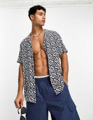 New Look Geo Tile Print Revere Collar Shirt Navy