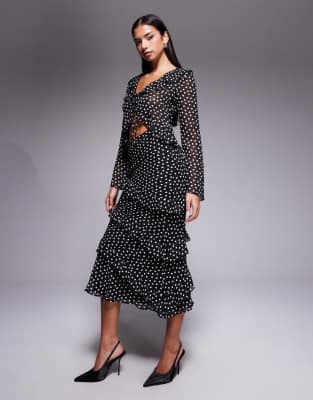 New Look - Gepunkteter Chiffon-Midirock in Schwarz mit Rüschen, Kombiteil