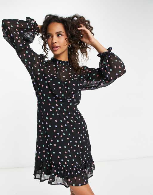 New Look – Gepunktetes Minikleid aus Chiffon in Schwarz 