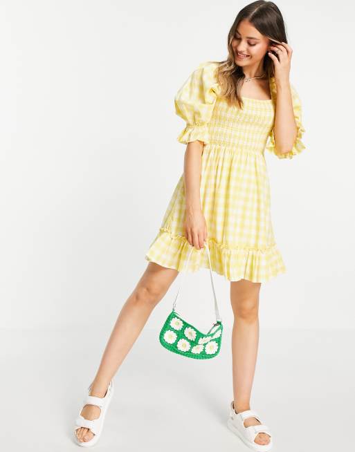 New Look – Gerafftes Hängerkleid mit Schnürung hinten und Vichy-Karomuster in Gelb