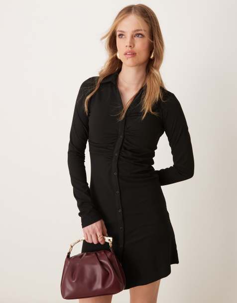 New Look – Gerafftes, langärmliges Mini-Hemdblusenkleid in Schwarz - view 1