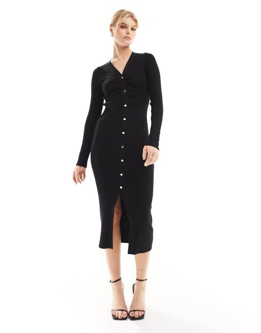 New Look – Gerafftes Midi-Strickkleid in Schwarz mit durchgehender Knopfleiste