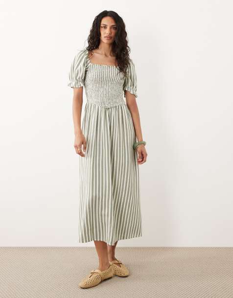 New Look – Gerafftes Midikleid in Grün gestreift mit Puffärmeln - view 1