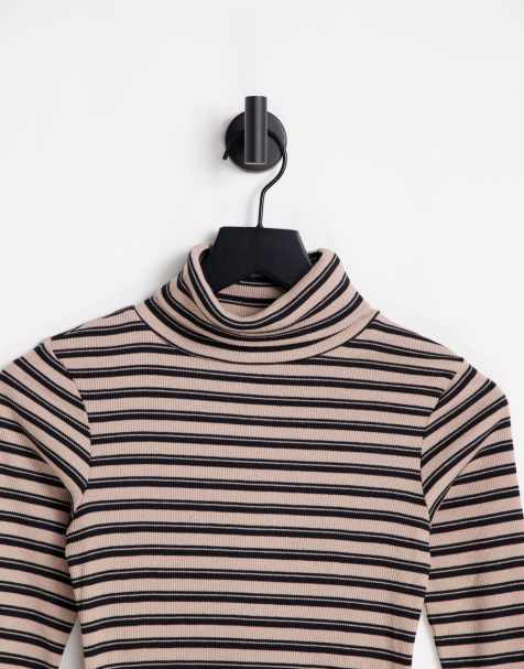 New Look - Geribbeld gestreepte top met col in zwart - view 1