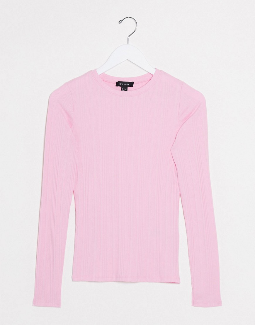 New Look - Geribbeld T-shirt met lange mouwen in roze