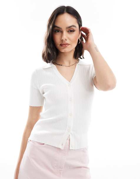 New Look - Geribbelde gebreide polo top in gebroken wit - view 1