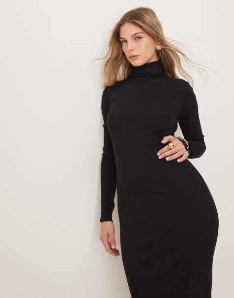 New Look - Geribbelde midi jurk met col in zwart - view 1
