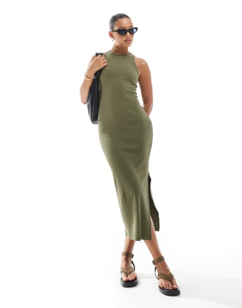 New Look - Geribbelde midi jurk met racerback in kaki - view 1