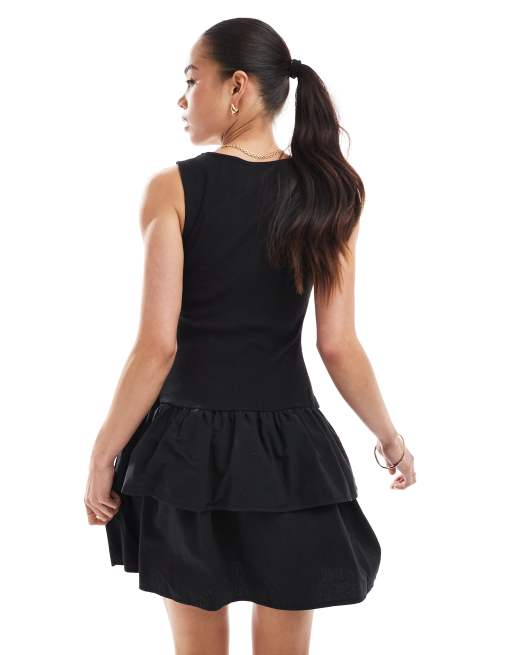 New Look - Geribbelde mini-jurk van jersey met gelaagde rok in zwart, 4 van 4