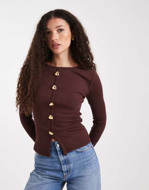 New Look - Geribbelde top met lange mouwen en hartvormige knoopjes in bruin - view 1