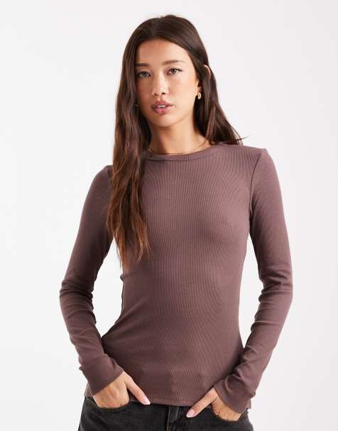 New Look - Geribbelde top met ronde hals en lange mouwen in bruin - view 1