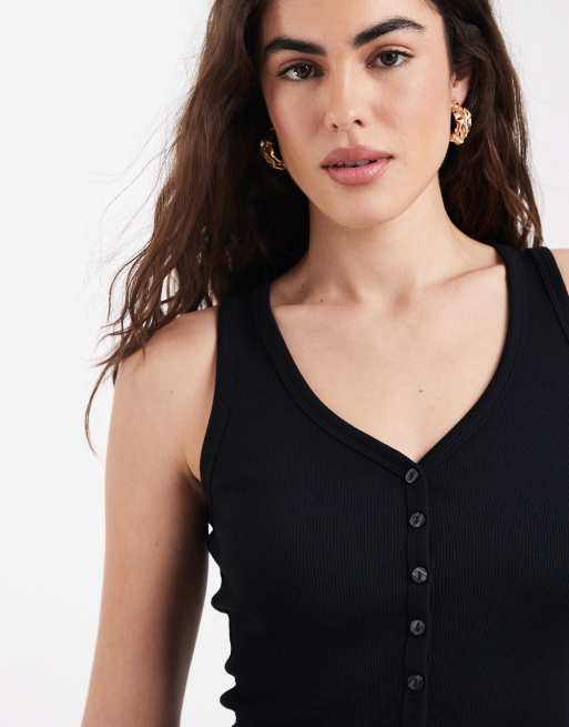 New Look - Geribbelde top met V-hals en knoopsluiting in zwart, 3 van 4